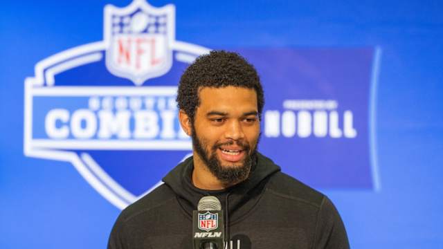 USC quarterback Caleb Williams talks to the media during the 2024 NFL Combine at Lucas Oil Stadium in Indianapolis on March 1, 2024.